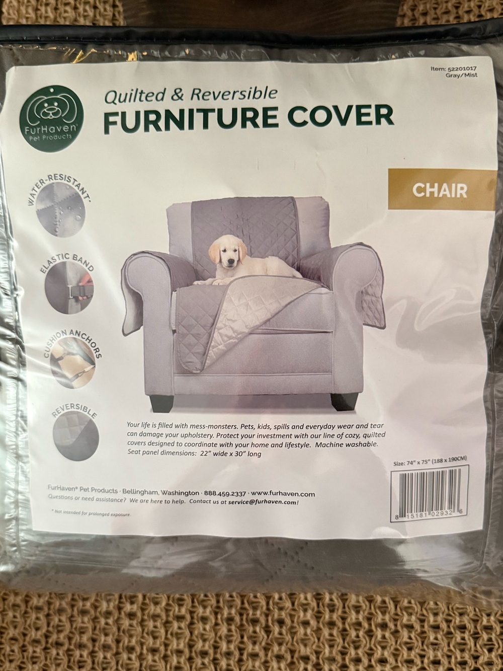Brand New FurHaven Quilted Reversible Chair Cover Water Resistant Grey / Mist